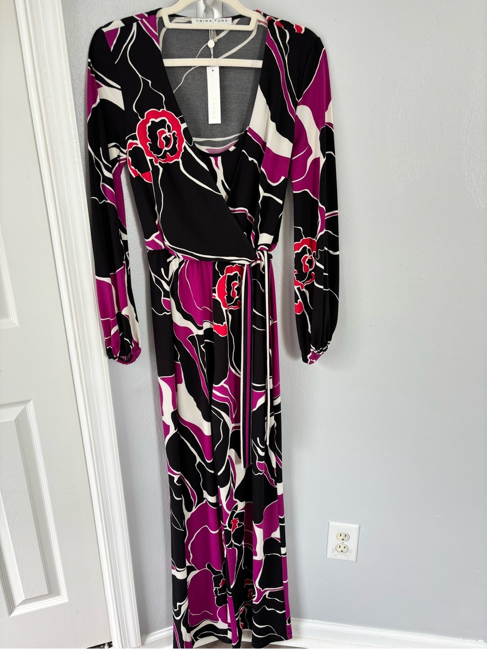 Trina Turk Black, Magenta & White Floral Wrap long sleeve romper